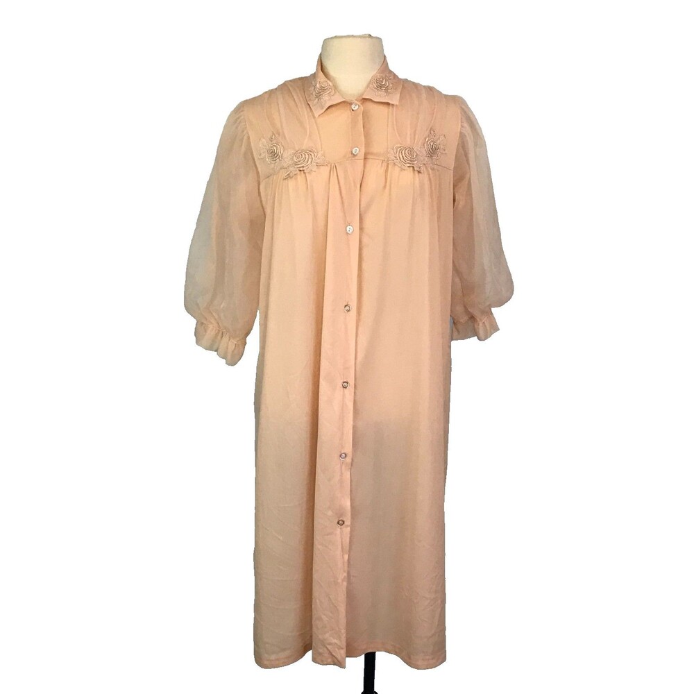 Texsheen Vintage Peach Pink‎ Nylon Button Front Robe, Sheer Puff Sleeves 38 bust